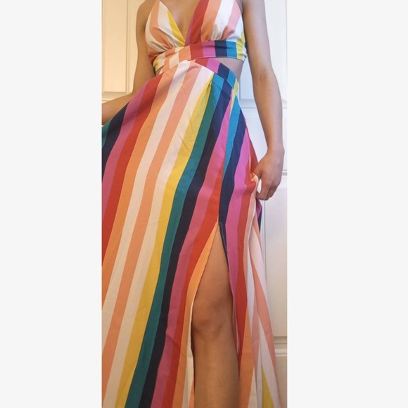 Striped Multicolor Backless Strappy V-Neck Maxi Dress Leg Slit - Picture 11 of 16